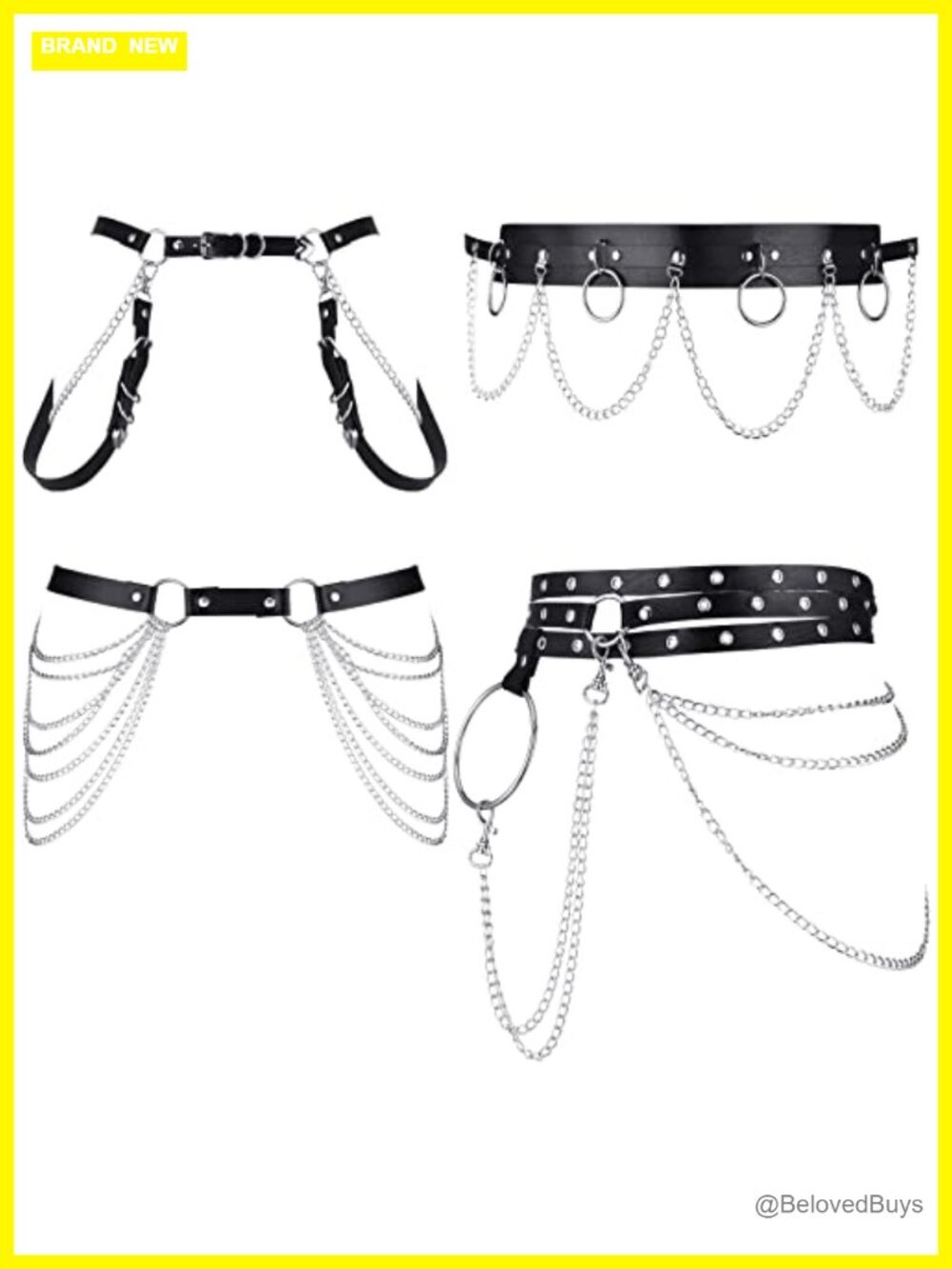 4 Pcs Punk Waist Chain Belt for Women Black Leather Body Chain
